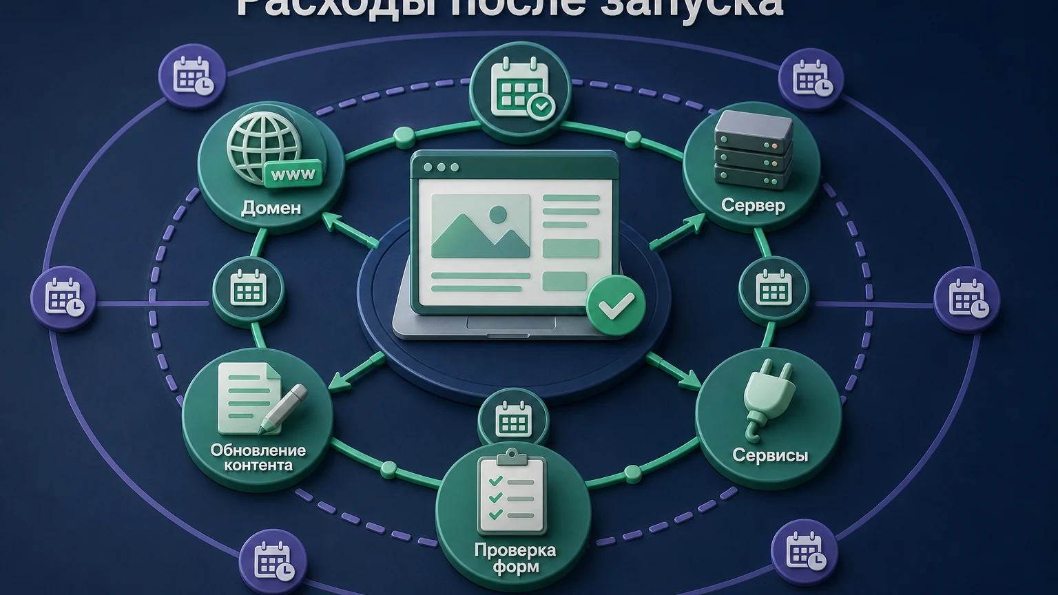 Вокруг работающего сайта показаны регулярные расходы на домен, сервер, сервисы, контент и проверку форм