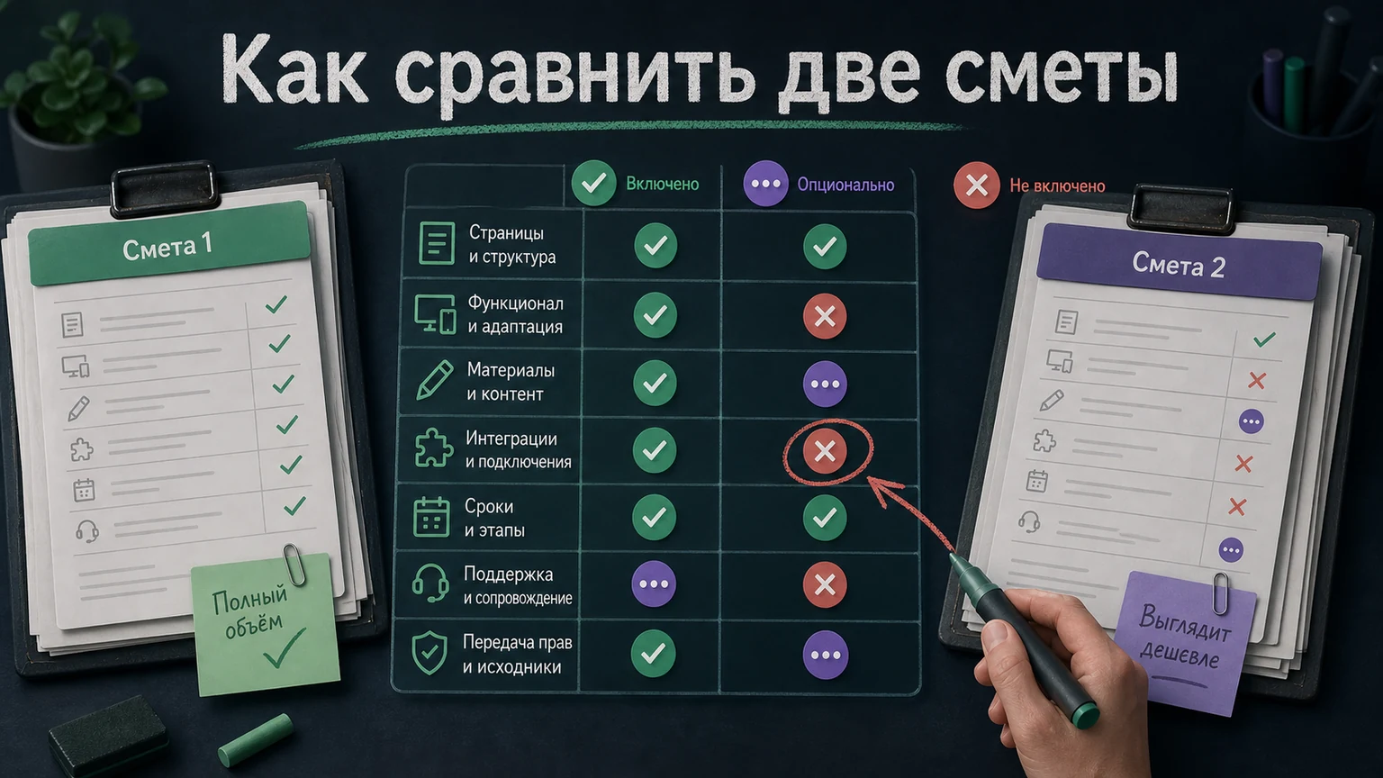 Две сметы сравниваются по страницам, функциям, материалам, подключениям, срокам, поддержке и правам