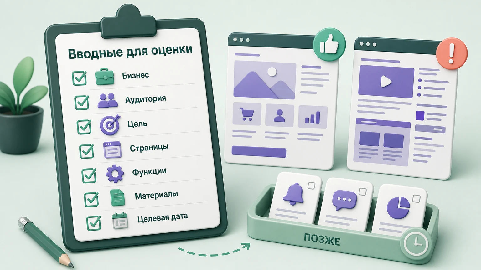 Чек-лист вводных для оценки сайта содержит бизнес, аудиторию, цель, страницы, функции, материалы и дату