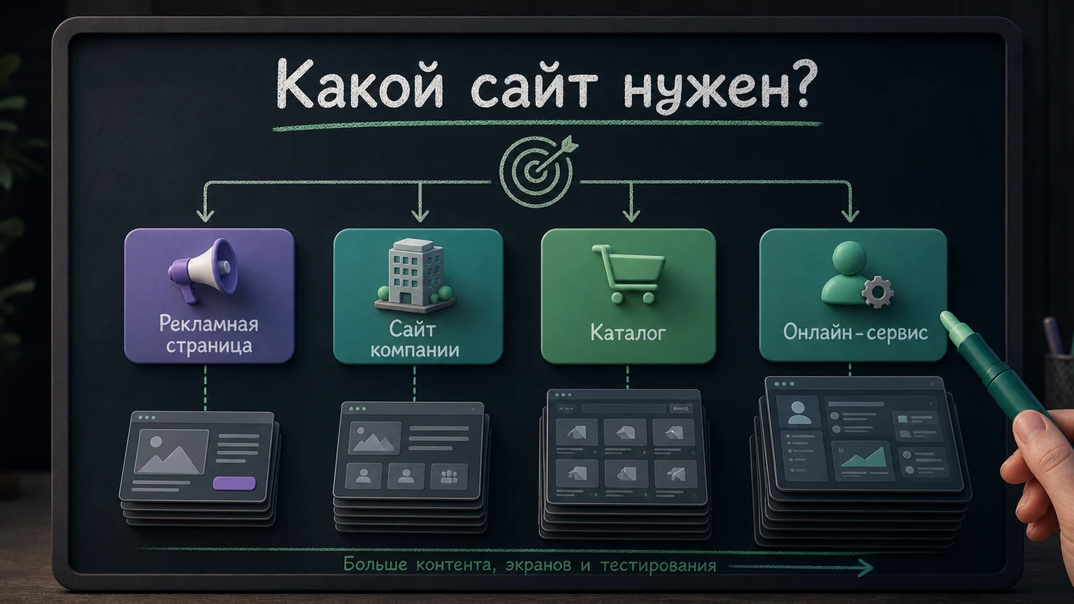 Четыре формата сайта показаны как выбор между рекламной страницей, сайтом компании, каталогом и онлайн-сервисом