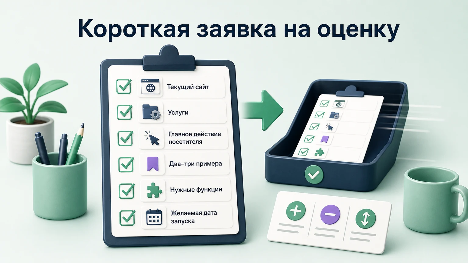 Короткая заявка на оценку содержит текущий сайт, услуги, главное действие, примеры, функции и дату запуска