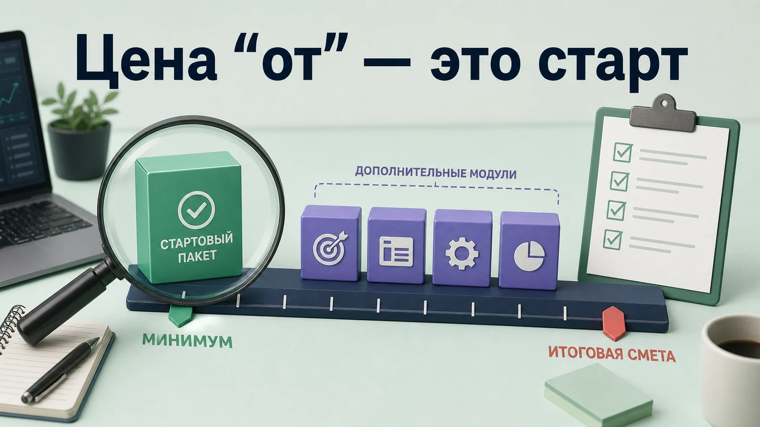 Стартовый пакет расположен на минимальной отметке, а дополнительные модули ведут к итоговой смете