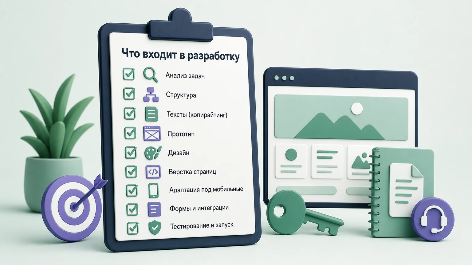 Чек-лист показывает основные этапы разработки сайта и материалы, которые получает заказчик