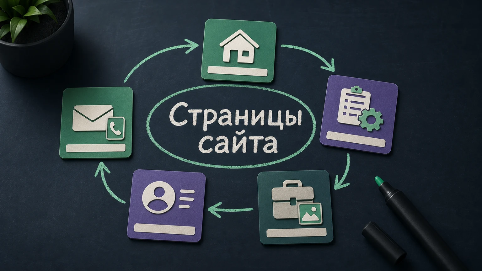 Схема основных страниц бизнес-сайта, соединённых маршрутом клиента.