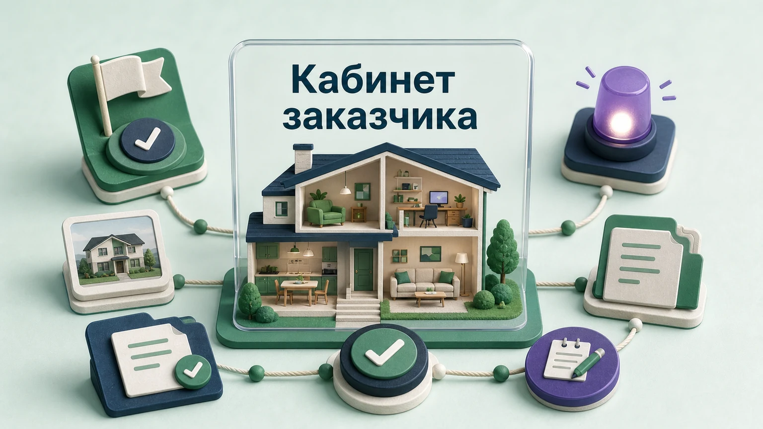 Предметная 3D-сцена: этапы, фото, документы и изменения собраны вокруг макета строящегося дома.
