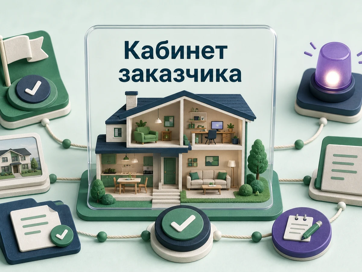 Предметная 3D-сцена: этапы, фото, документы и изменения собраны вокруг макета строящегося дома.