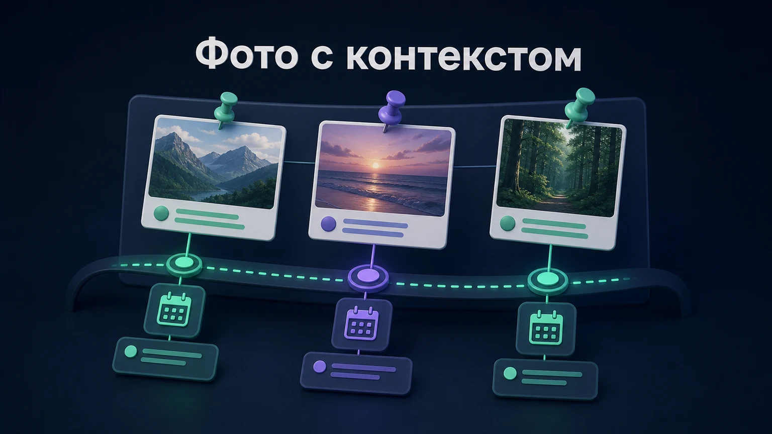 3D-инфографика: снимки привязаны к этапу, дате и короткому пояснению.