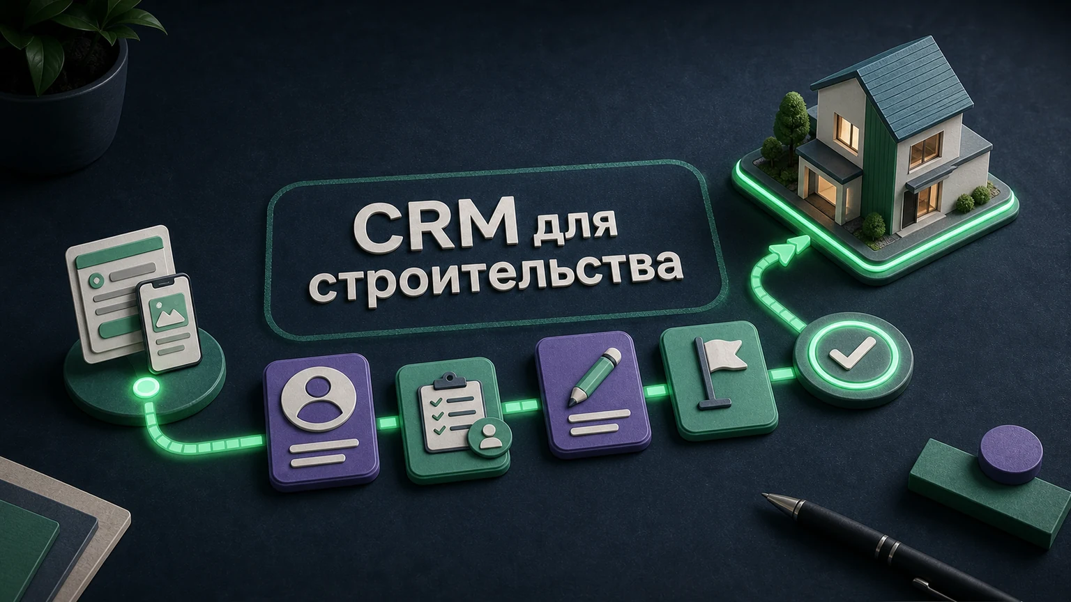 Предметная 3D-сцена: обращение проходит по воронке CRM к следующему шагу и проекту дома.