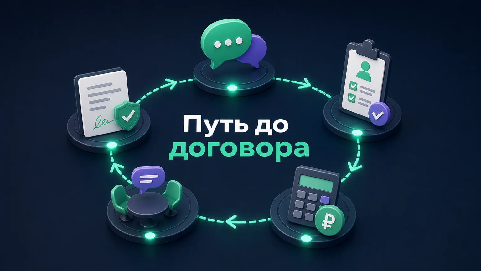 3D-инфографика: обращение, квалификация, расчёт, встреча и договор соединены маршрутом.