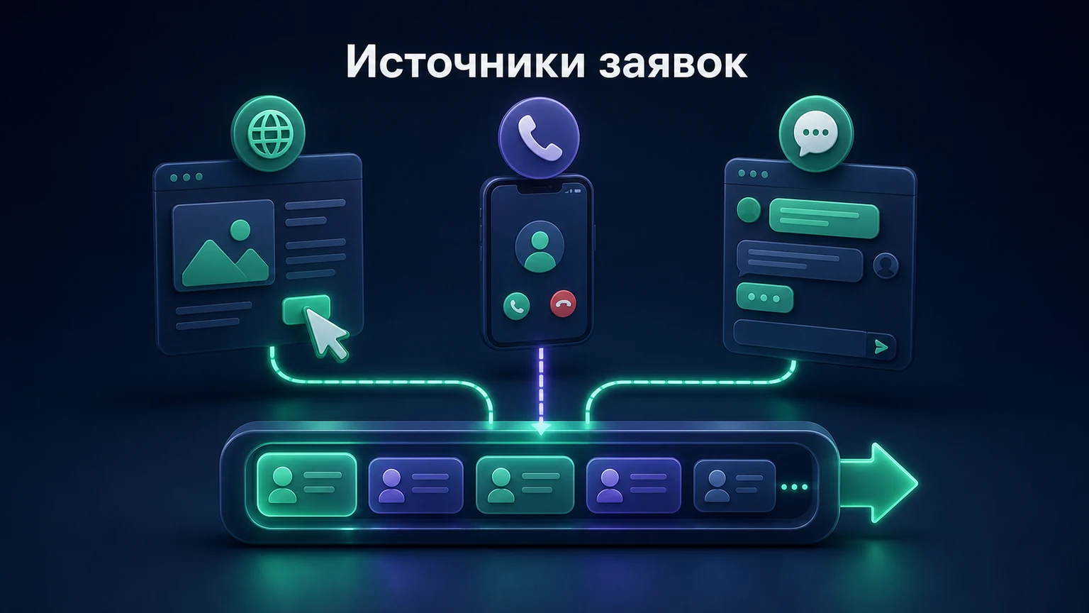 3D-инфографика: сайт, звонок и мессенджер сходятся в единую очередь обращений.