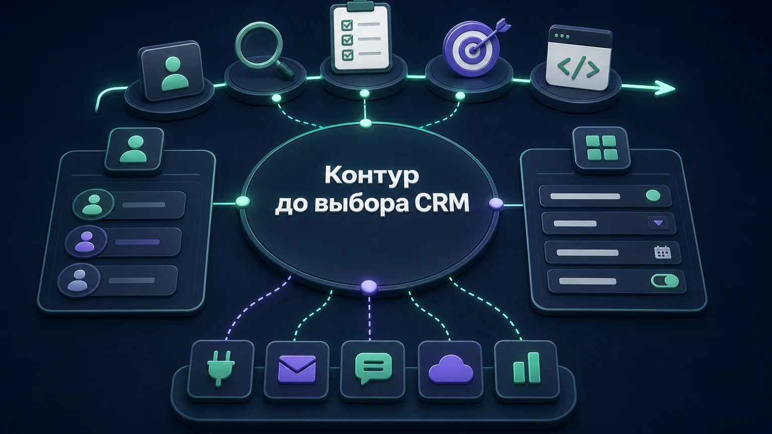 3D-инфографика: этапы, поля, роли и интеграции собраны на одной схеме.