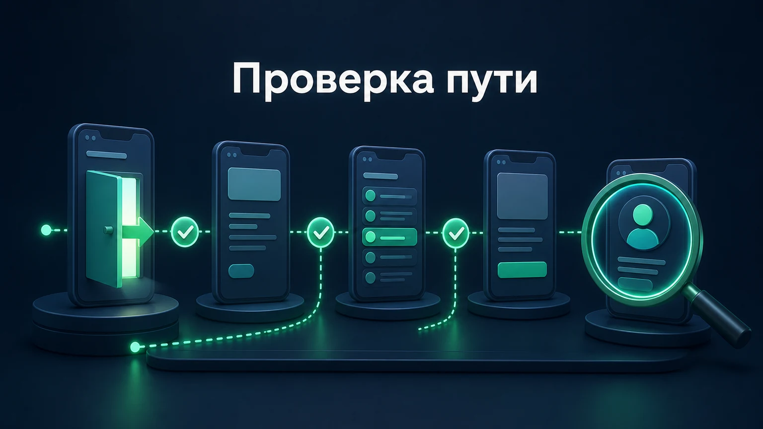 3D-инфографика: мобильный путь клиента проверяется от входа до карточки менеджера.