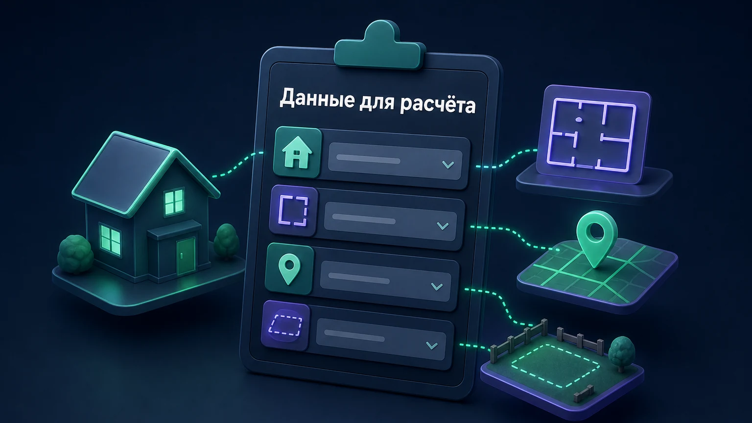 3D-инфографика: короткая форма собирает тип дома, площадь, регион и участок.