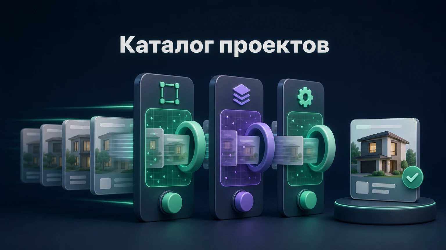 3D-инфографика: карточки домов проходят через фильтры площади, этажности и технологии.