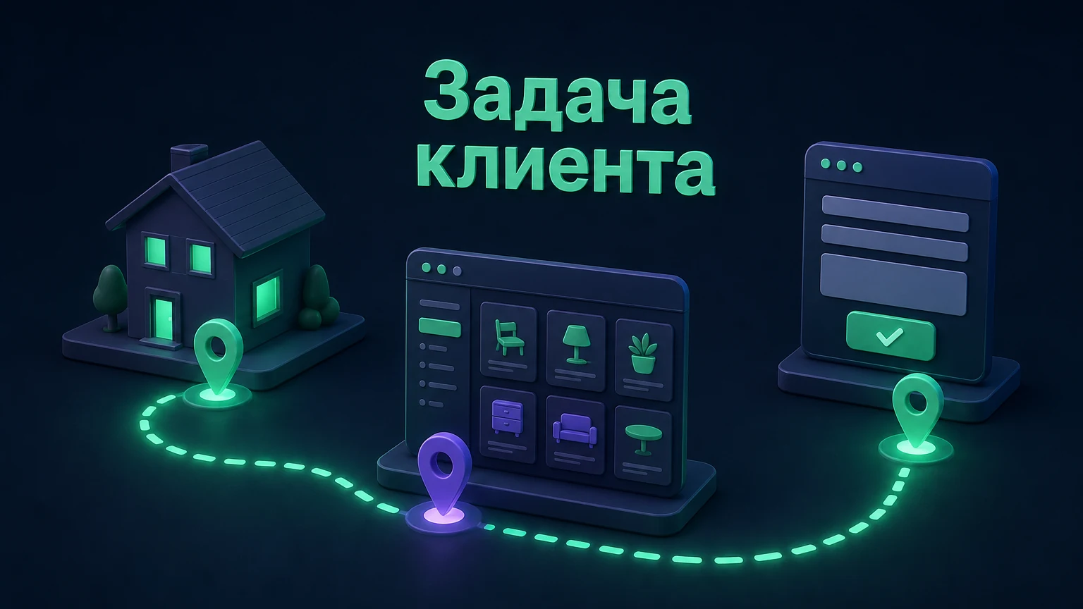 3D-инфографика: дом, каталог и форма соединены одним светящимся маршрутом.
