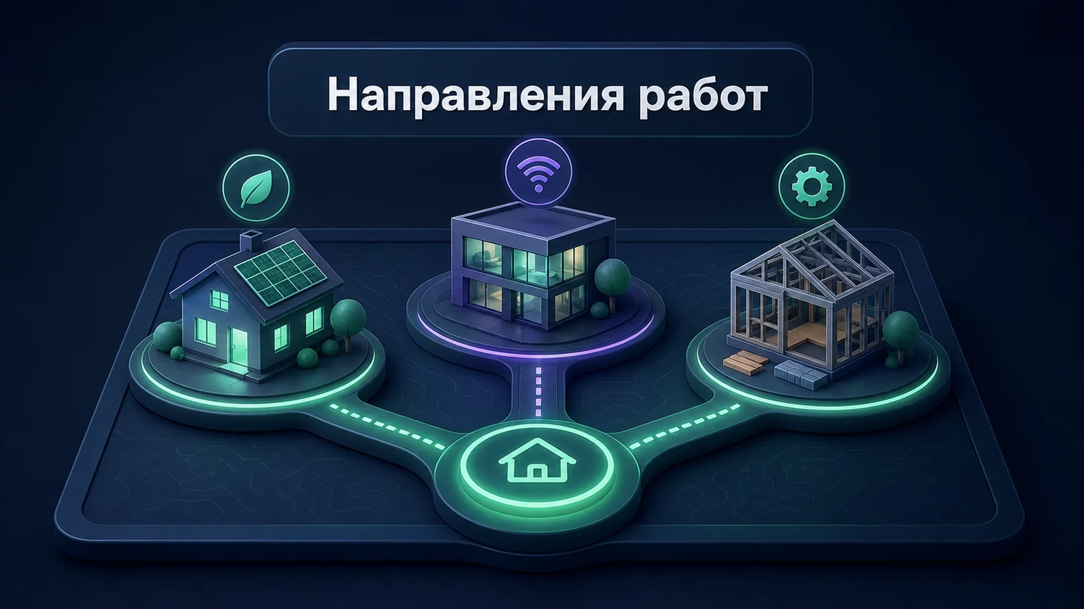 3D-инфографика: три входа к разным технологиям домов на аккуратной панели.