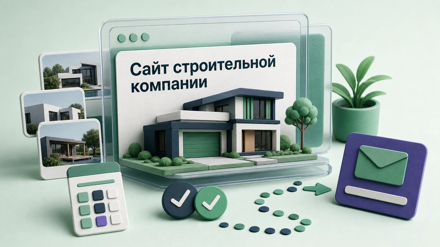 Предметная 3D-сцена: миниатюрный дом соединён с каталогом проектов, расчётом и заявкой на сайте.