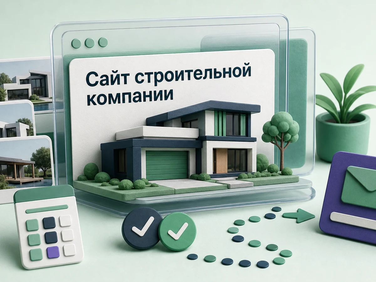Предметная 3D-сцена: миниатюрный дом соединён с каталогом проектов, расчётом и заявкой на сайте.
