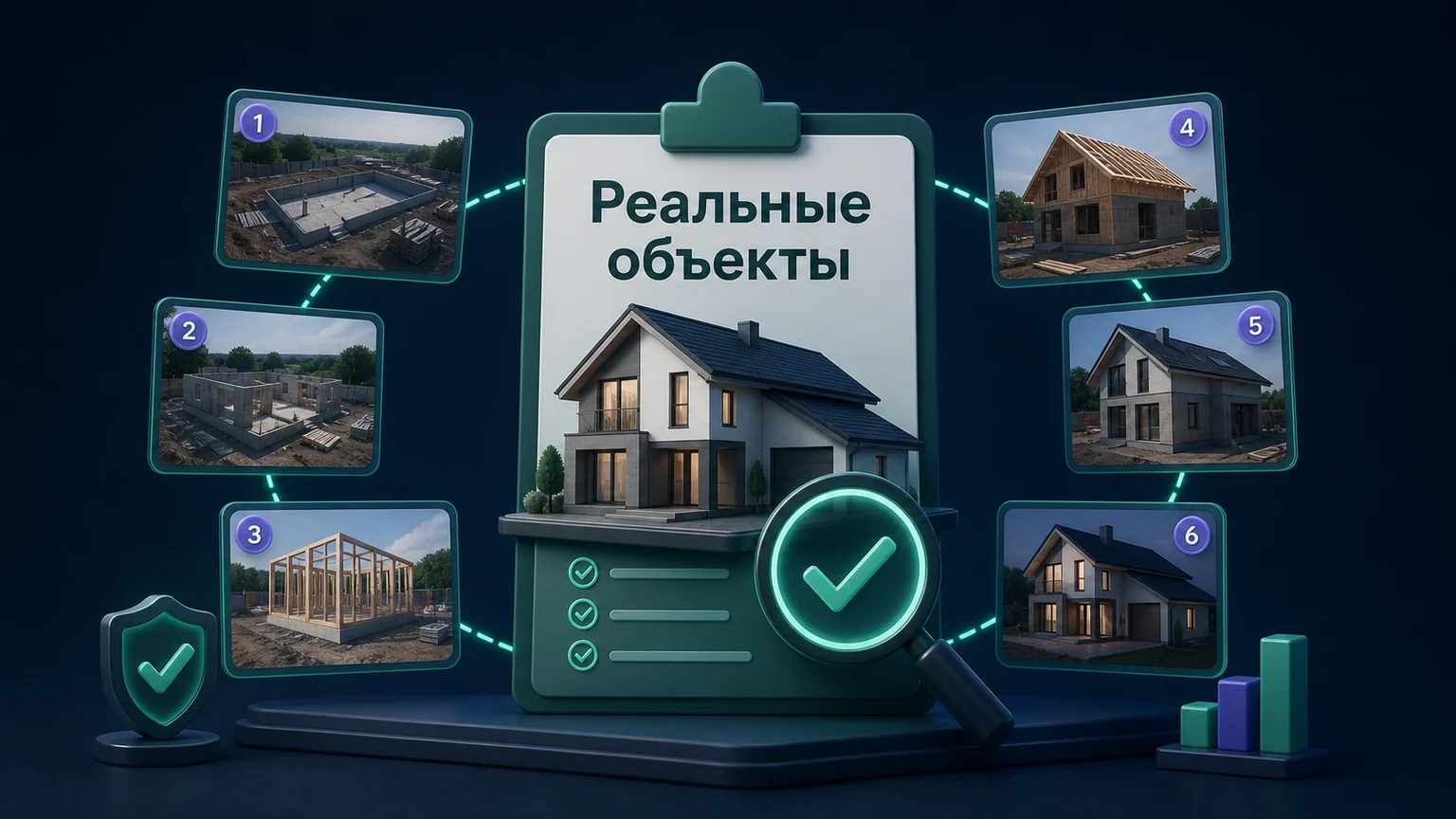 3D-инфографика: фотографии этапов одного построенного дома собраны в проверяемый кейс.