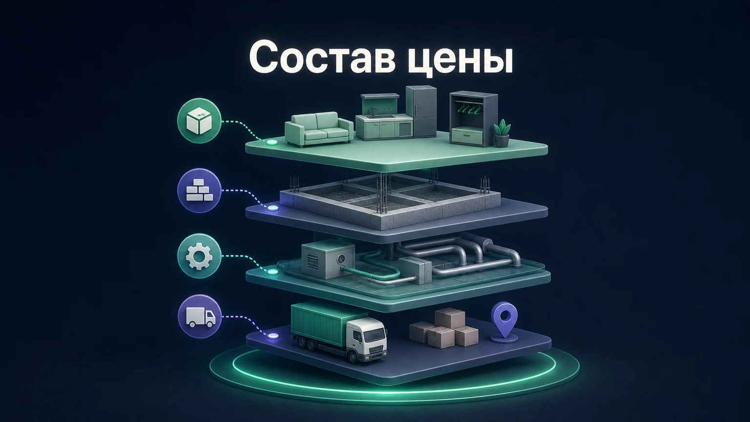 3D-инфографика: слои комплектации, фундамента, инженерии и доставки формируют диапазон.