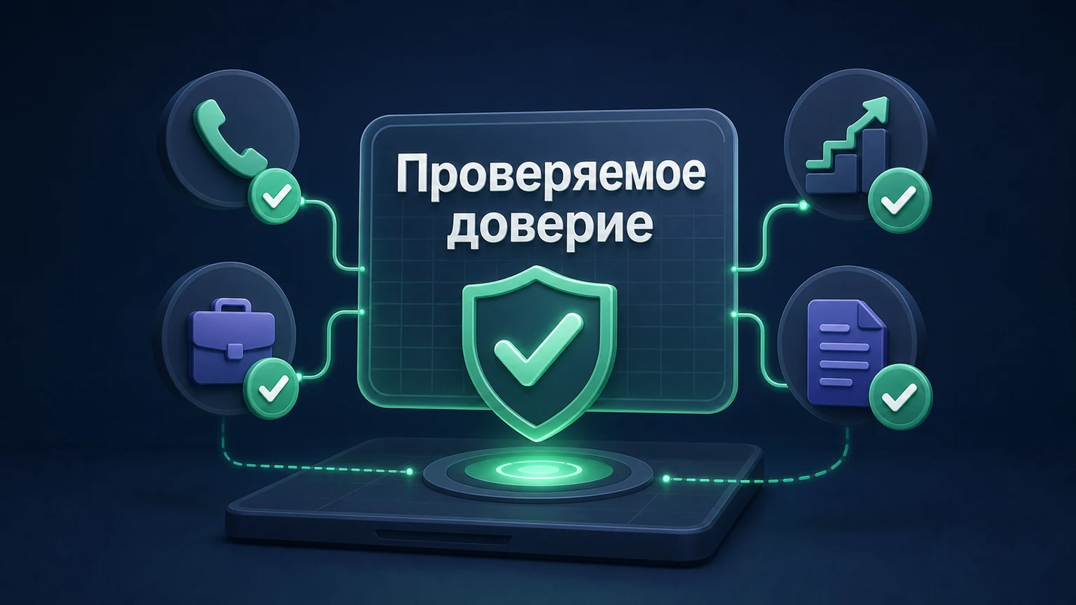 3D-инфографика: контакты, этапы, кейсы и документы отмечены зелёными подтверждениями.