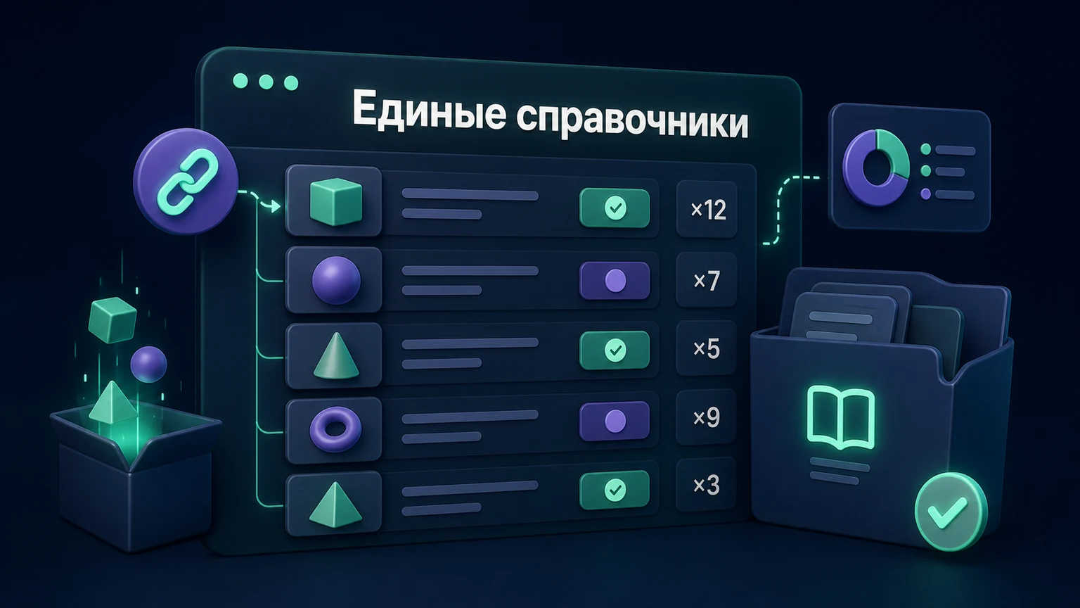 3D-инфографика: дубли позиций объединены в каталог с единицами и статусами.