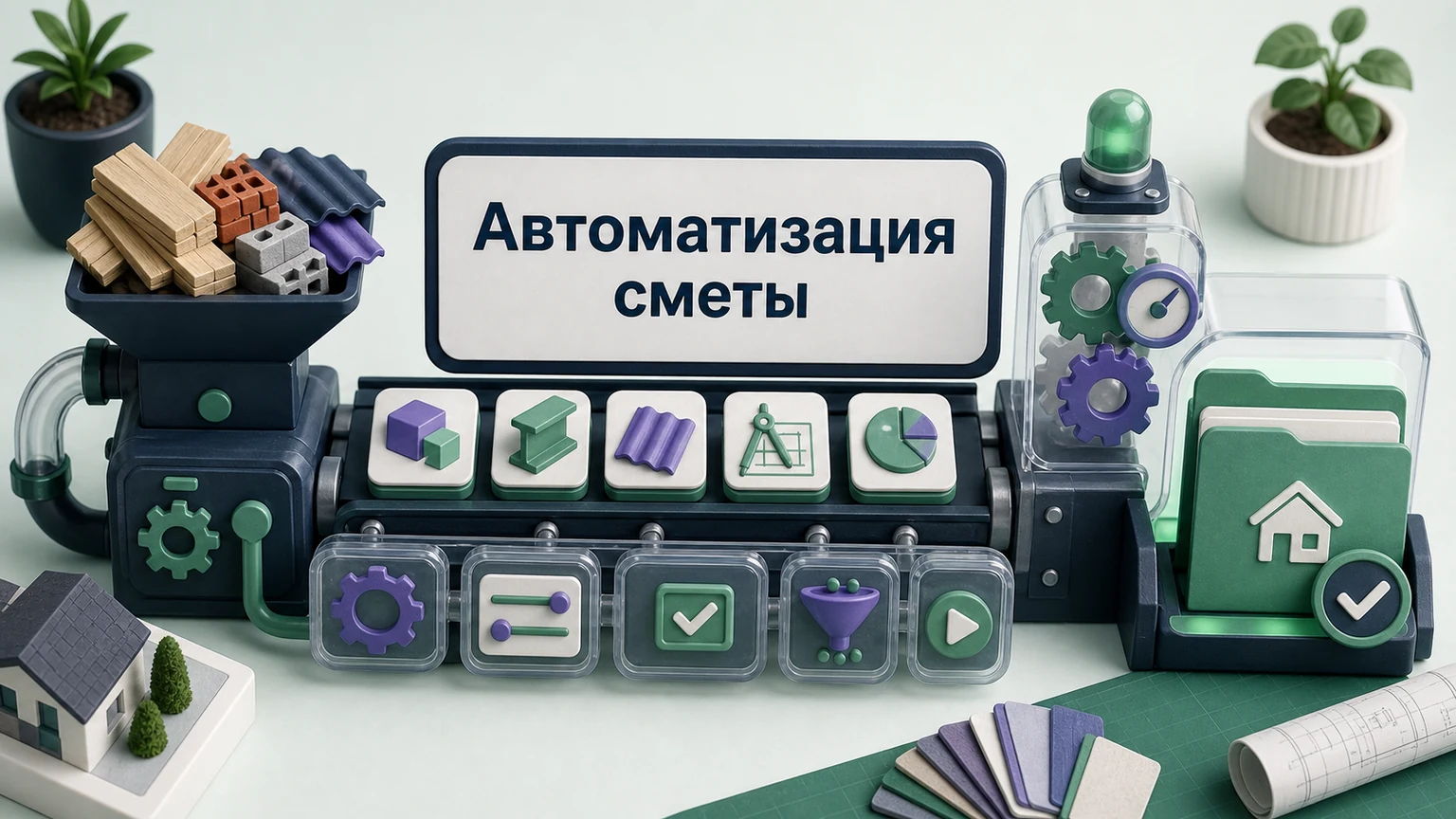 Предметная 3D-сцена: строительные материалы проходят через механизм правил в проверенное предложение.
