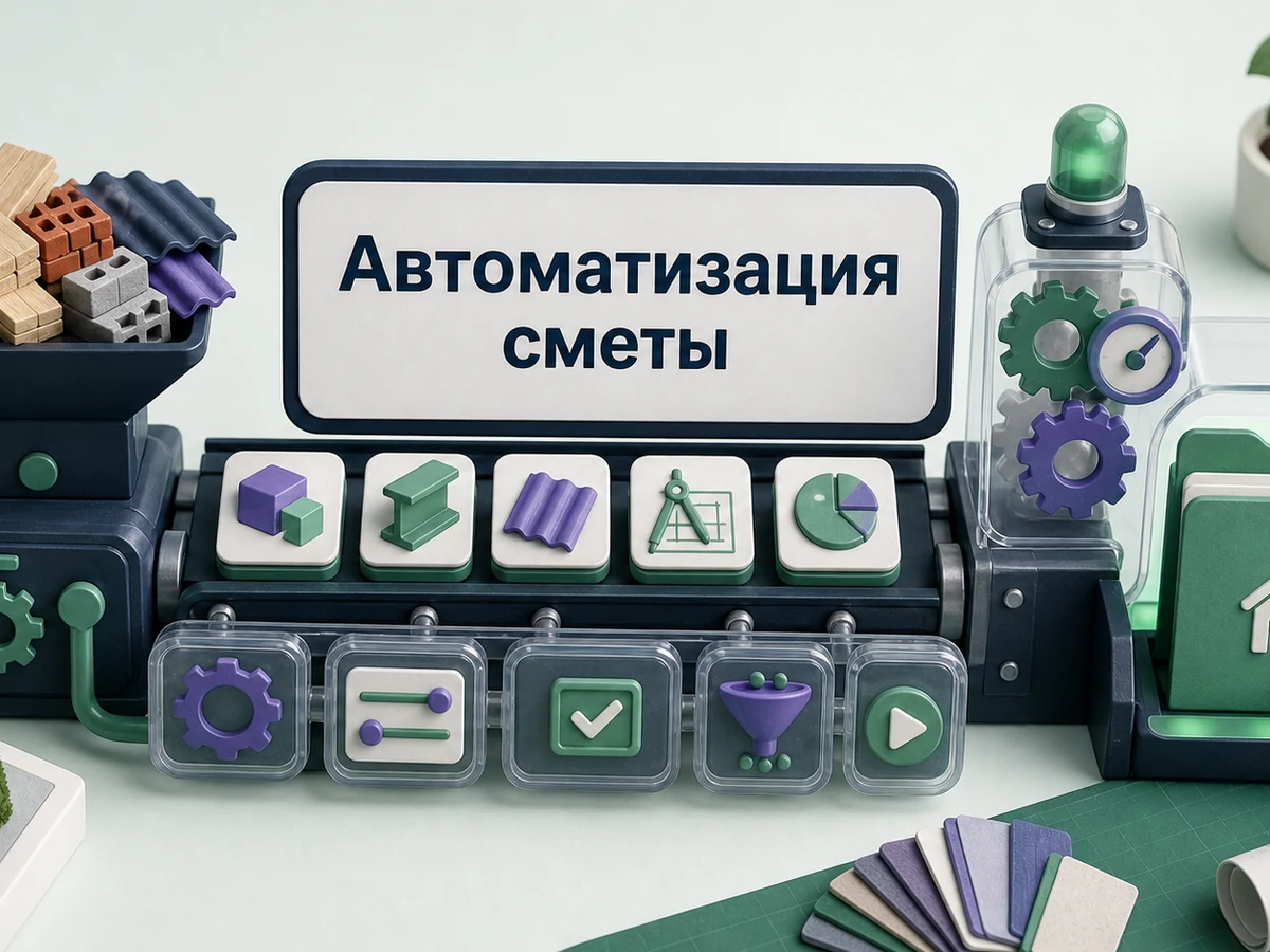 Предметная 3D-сцена: строительные материалы проходят через механизм правил в проверенное предложение.