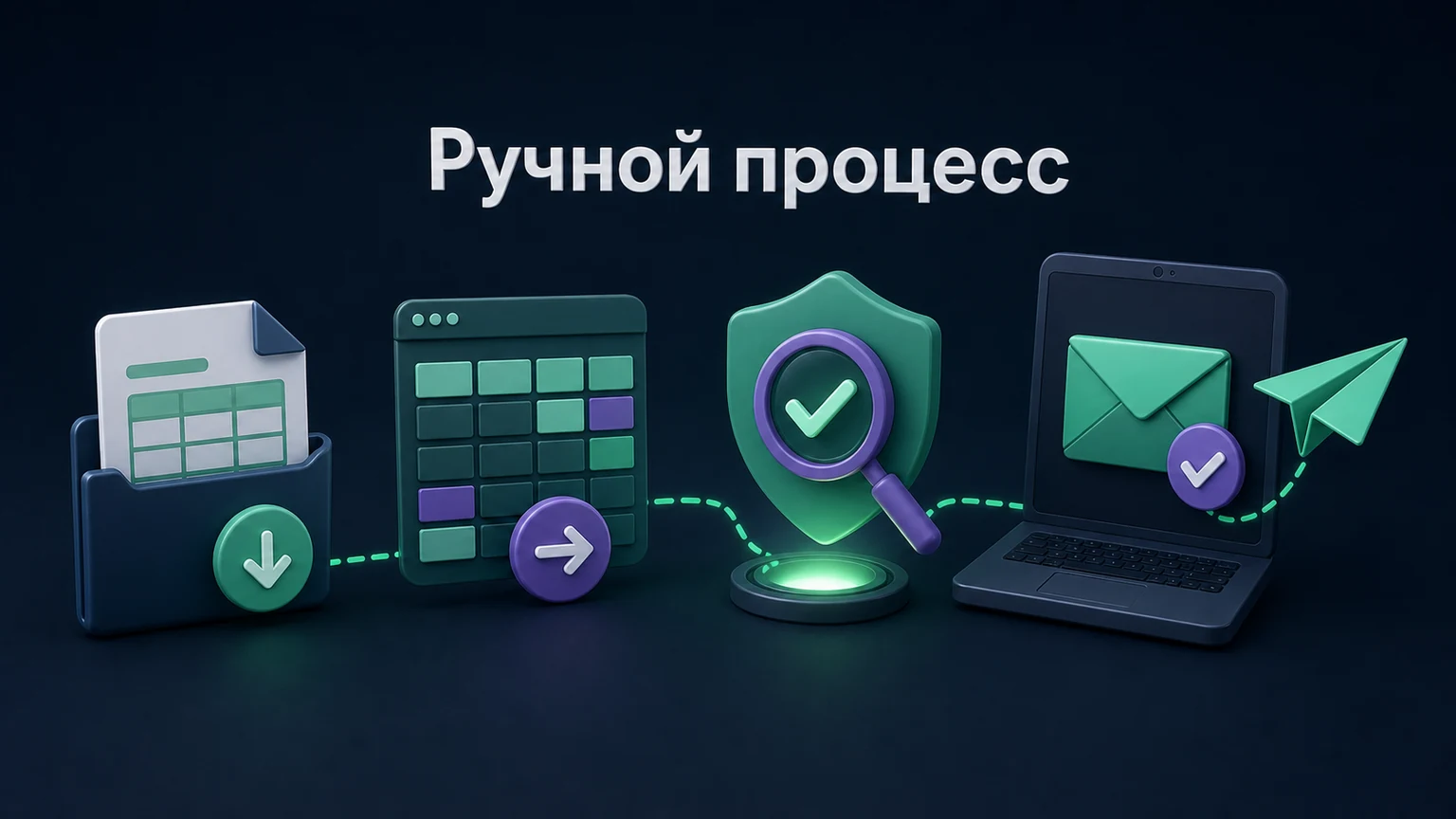 3D-инфографика: исходные данные проходят таблицы, проверку и отправку клиенту.