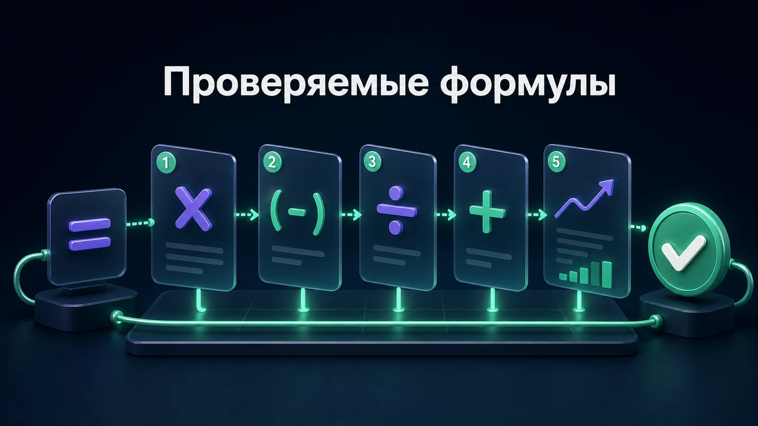 3D-инфографика: формула разбита на последовательные прозрачные шаги.