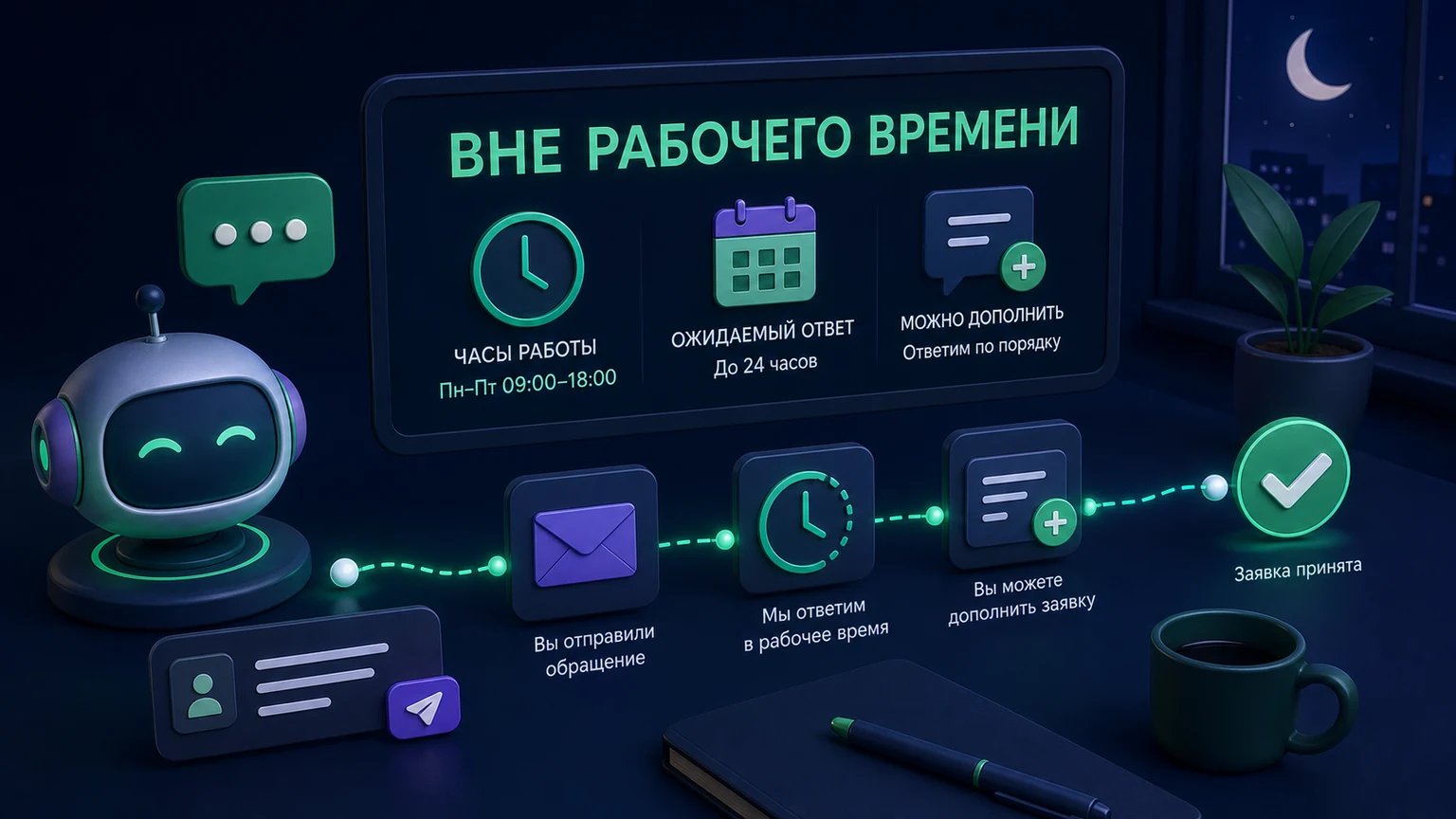 Иллюстрация к разделу «Вне рабочего времени бот задаёт честные ожидания»