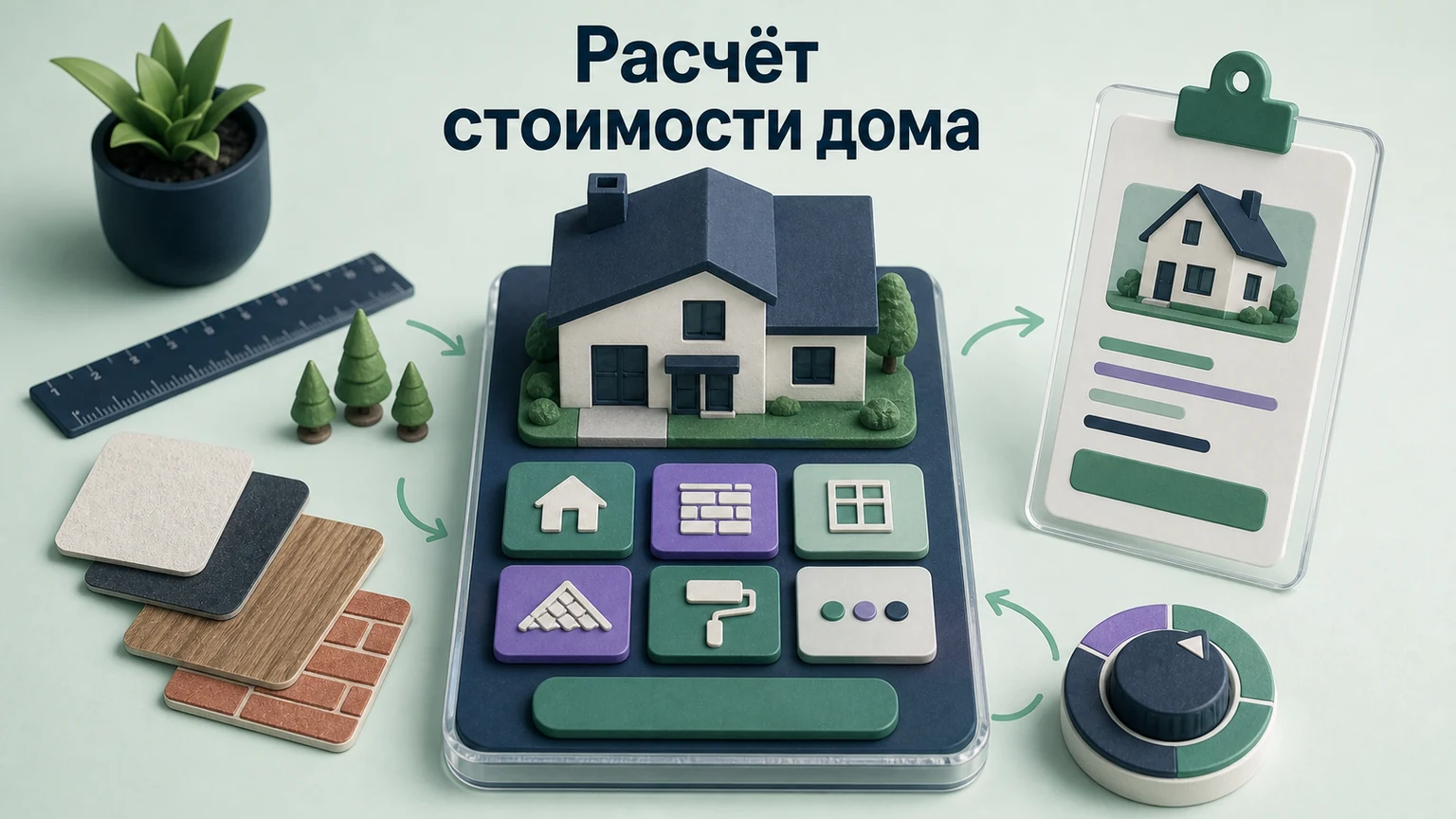 Предметная 3D-сцена: макет дома, материалы и опции собраны на платформе предварительного расчёта.