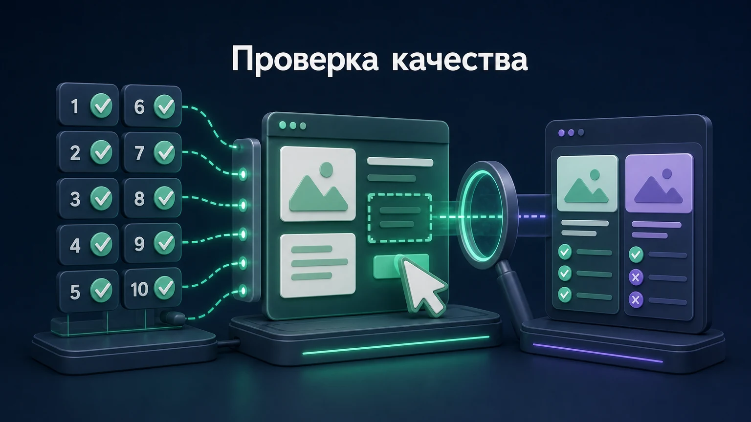 3D-инфографика: десять контрольных кейсов проходят через прототип и сравнение результатов.