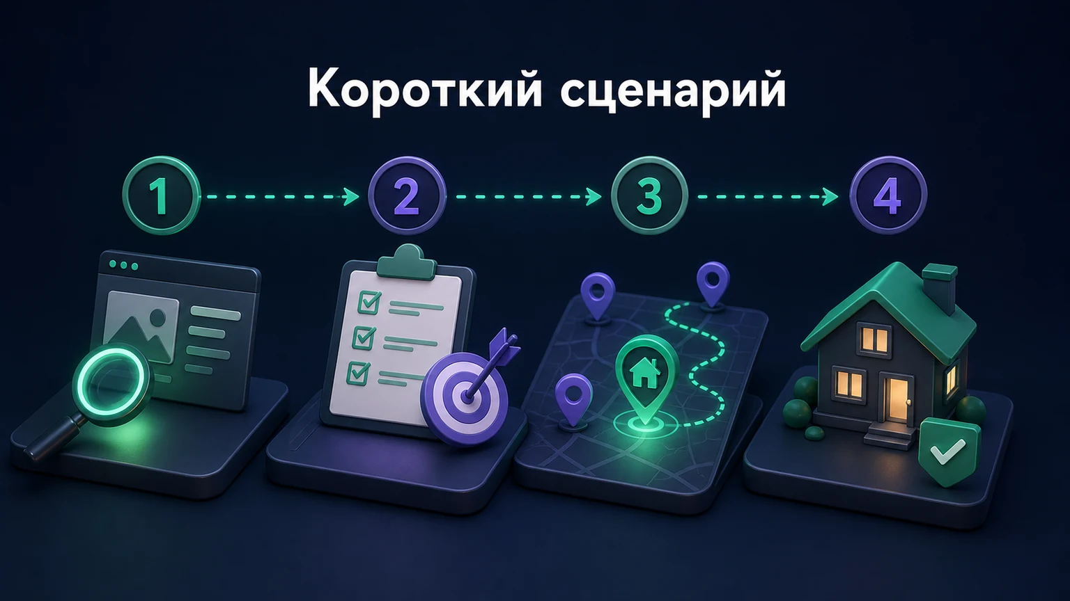 3D-инфографика: четыре последовательных шага с сохранённым выбранным домом.