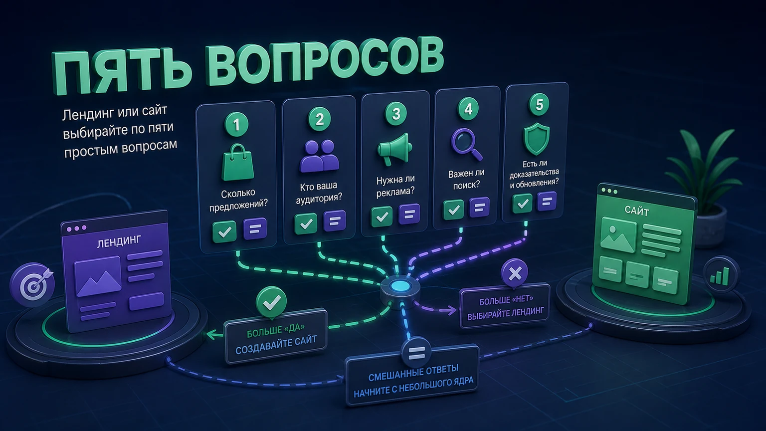 Иллюстрация к разделу «Лендинг или сайт выбирайте по пяти простым вопросам»