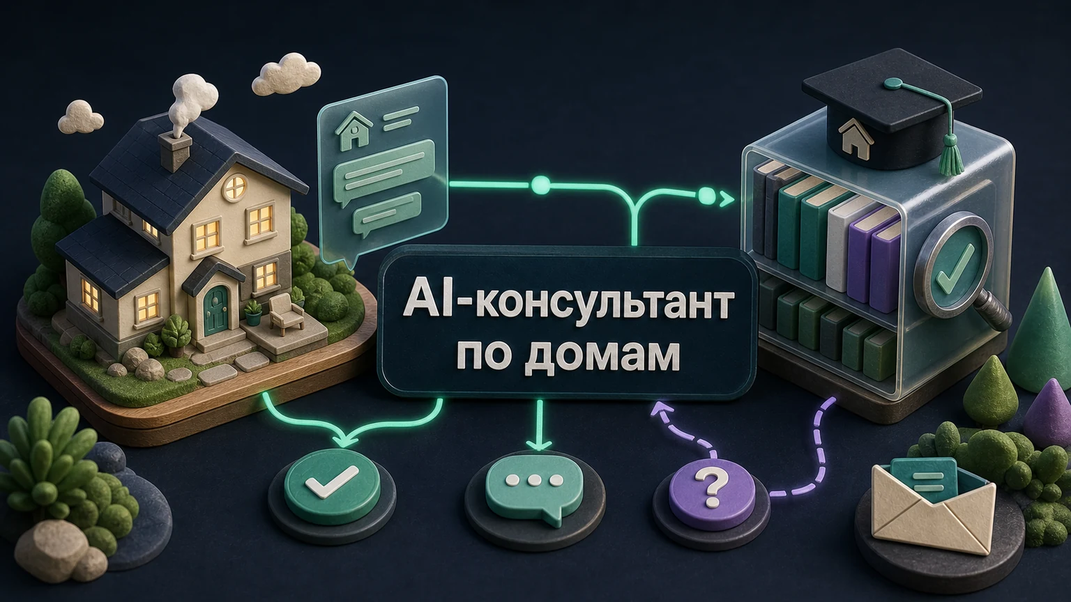 Предметная 3D-сцена: проверенная база знаний отвечает по дому и передаёт сложный вопрос менеджеру.