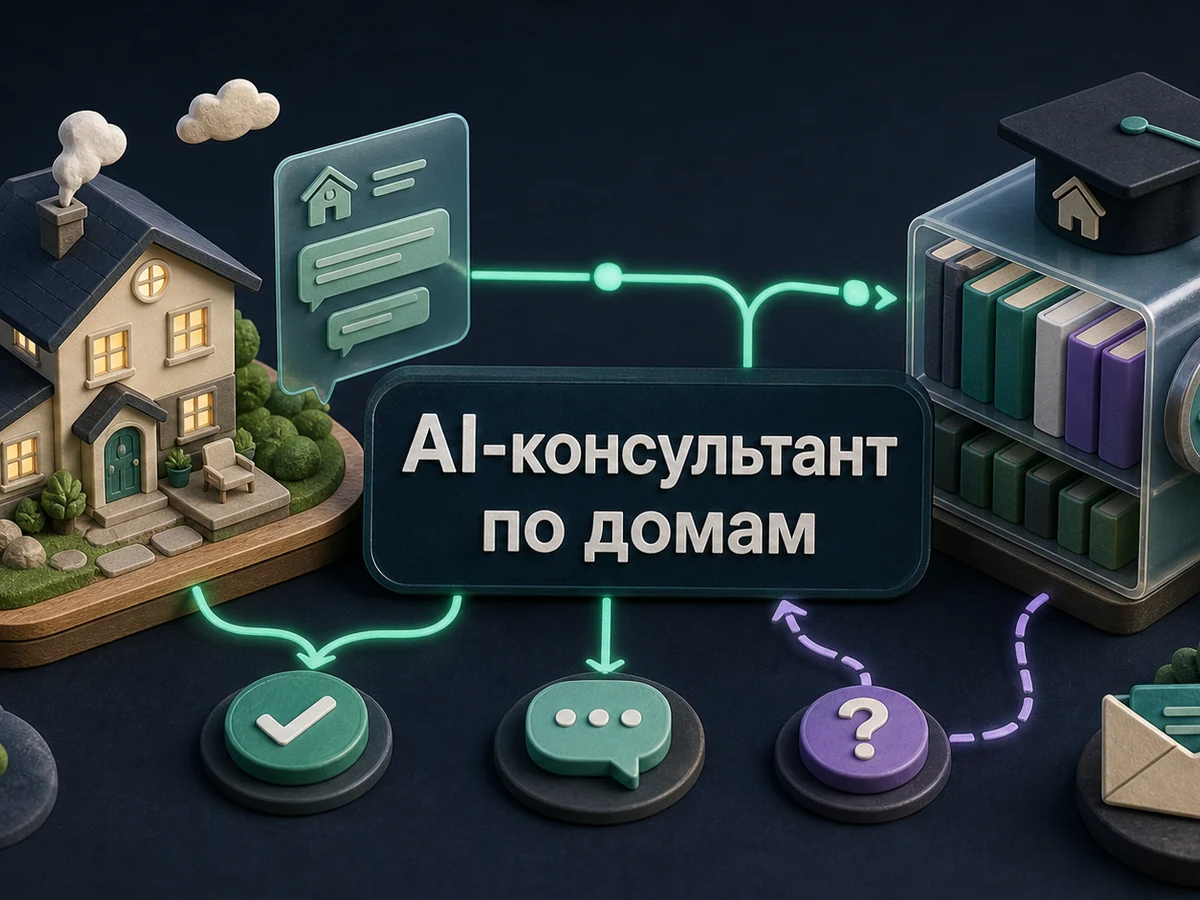 Предметная 3D-сцена: проверенная база знаний отвечает по дому и передаёт сложный вопрос менеджеру.