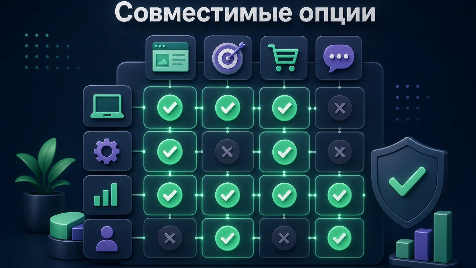 3D-инфографика: допустимые комбинации подсвечены, невозможные заблокированы.