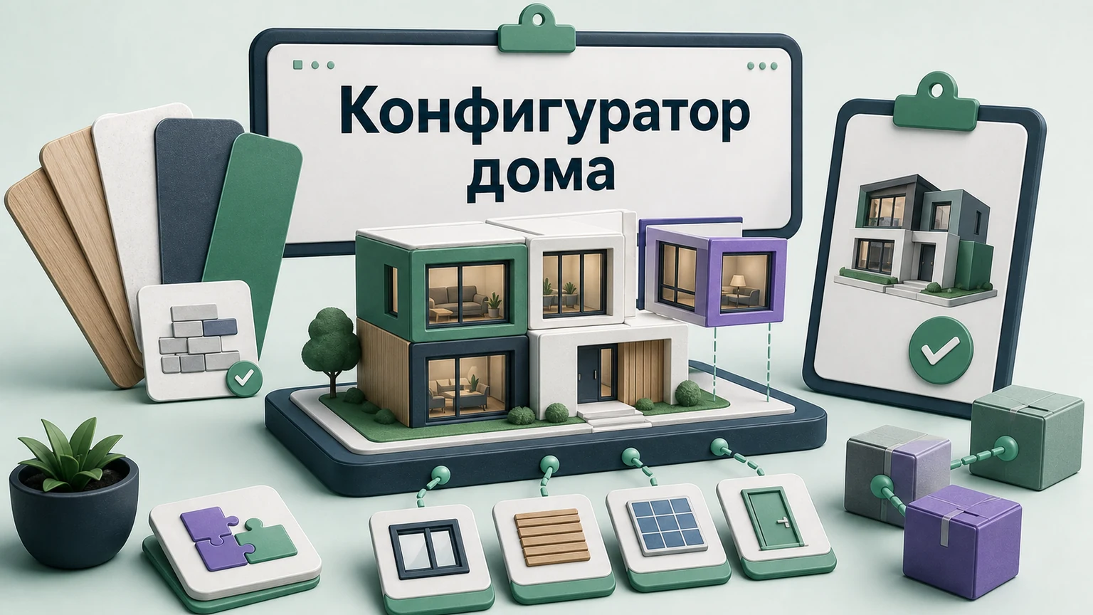Предметная 3D-сцена: модульный дом собирается из совместимых блоков и опций.