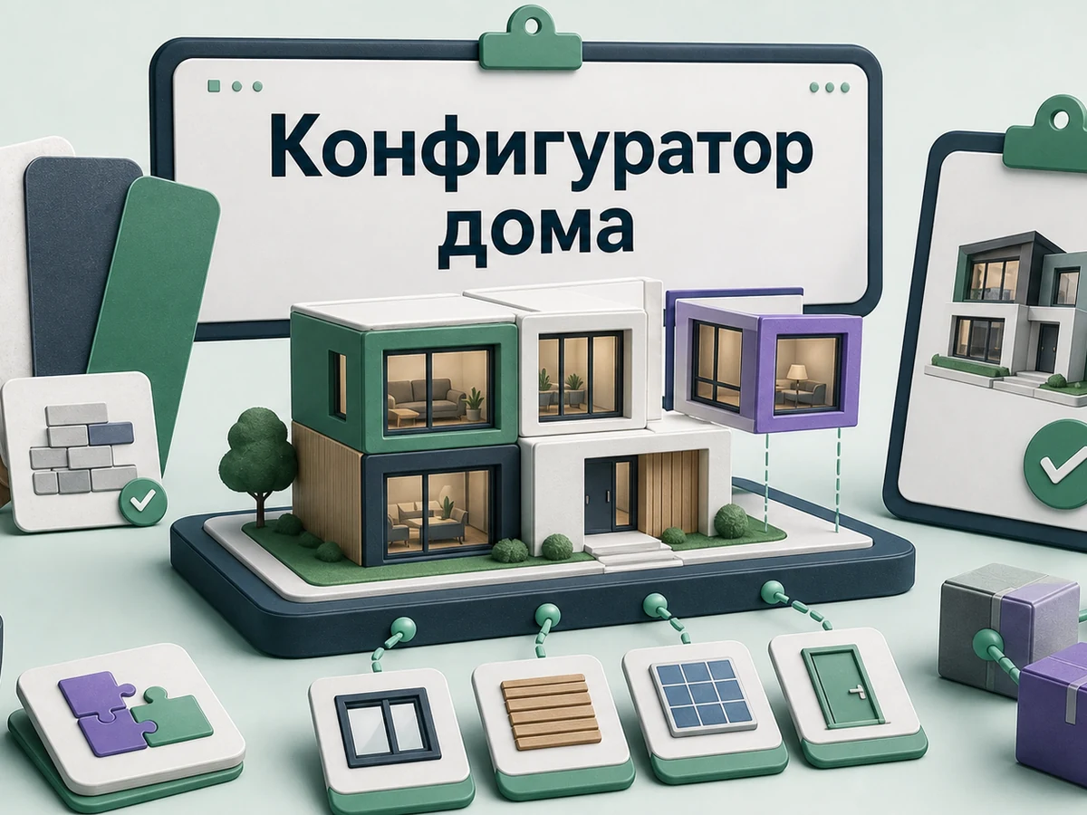 Предметная 3D-сцена: модульный дом собирается из совместимых блоков и опций.