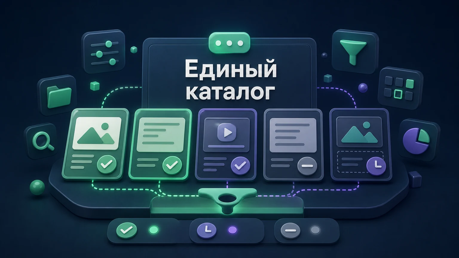 3D-инфографика: карточки используют общие поля и понятные статусы доступности.