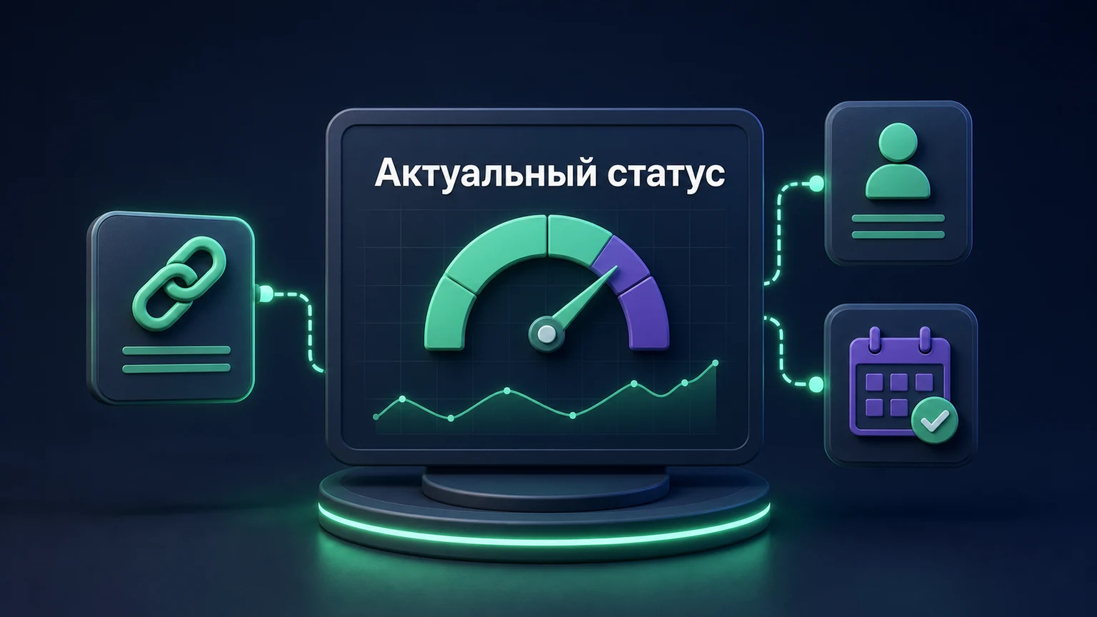 3D-инфографика: источник, владелец и дата подтверждения соединены с карточкой.