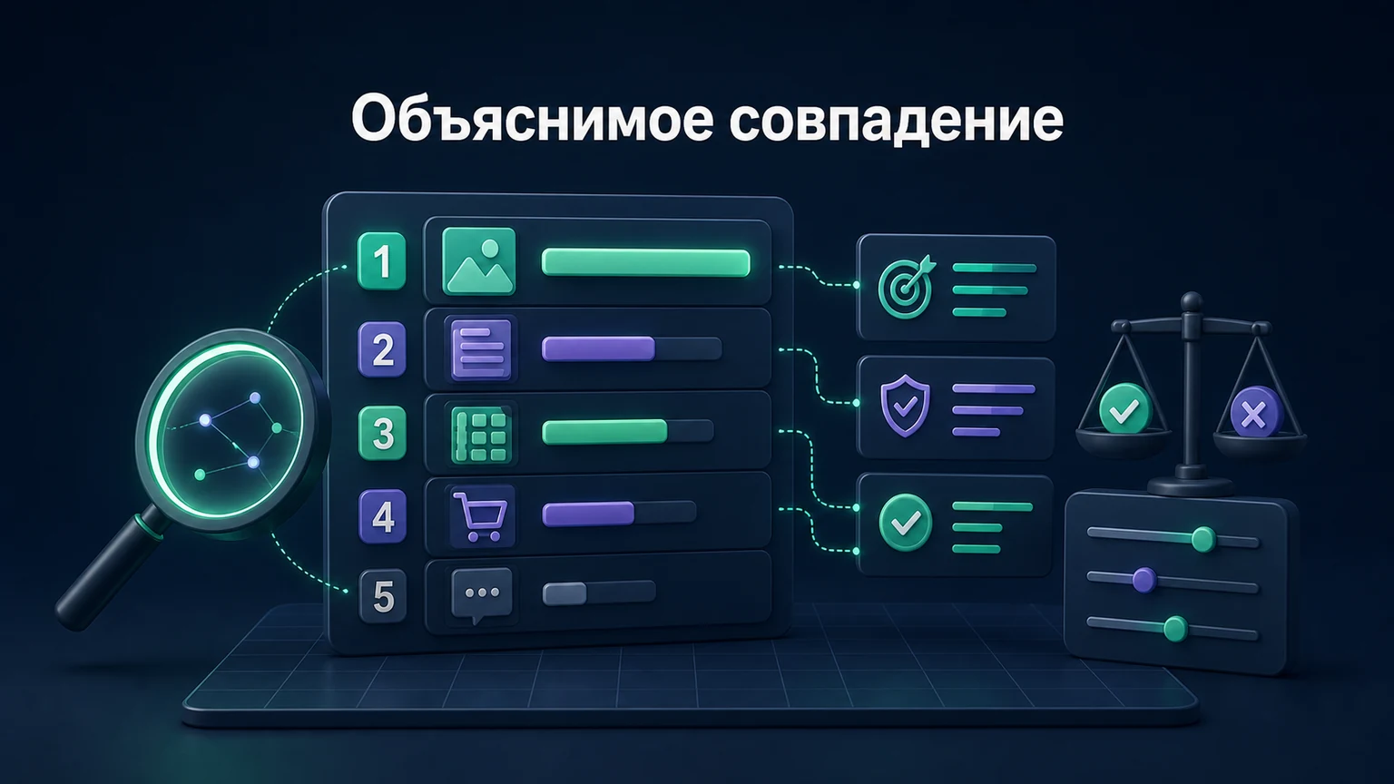 3D-инфографика: объекты ранжированы с причинами совпадения и компромиссами.