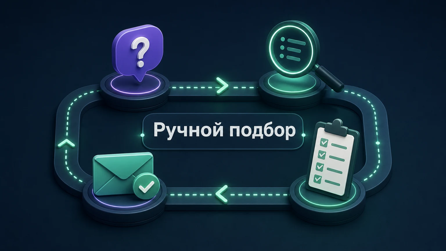 3D-инфографика: вопросы, поиск, проверка и отправка разложены по шагам агента.