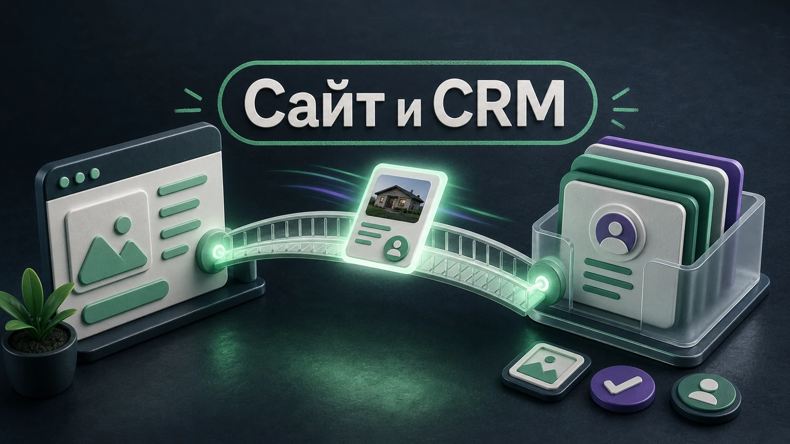 Предметная 3D-сцена: карточка объекта проходит по мосту между сайтом и CRM.