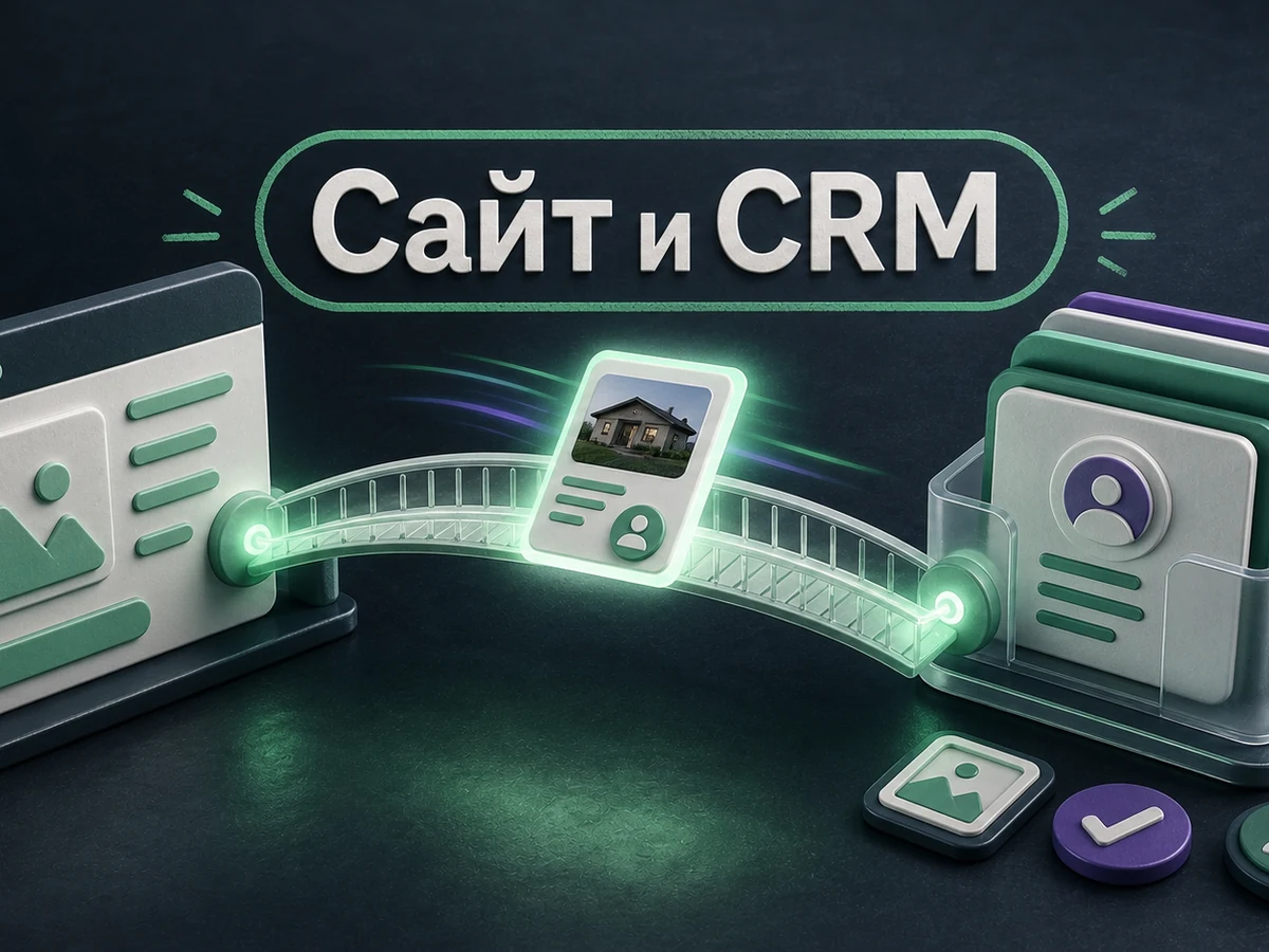 Предметная 3D-сцена: карточка объекта проходит по мосту между сайтом и CRM.