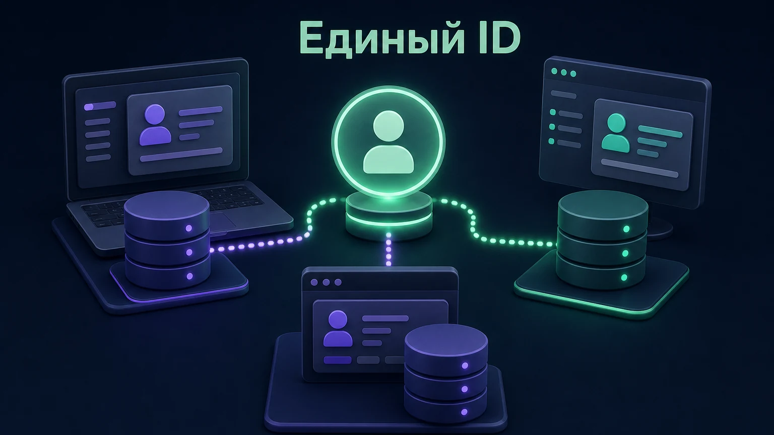 3D-инфографика: один идентификатор соединяет записи объекта в трёх системах.