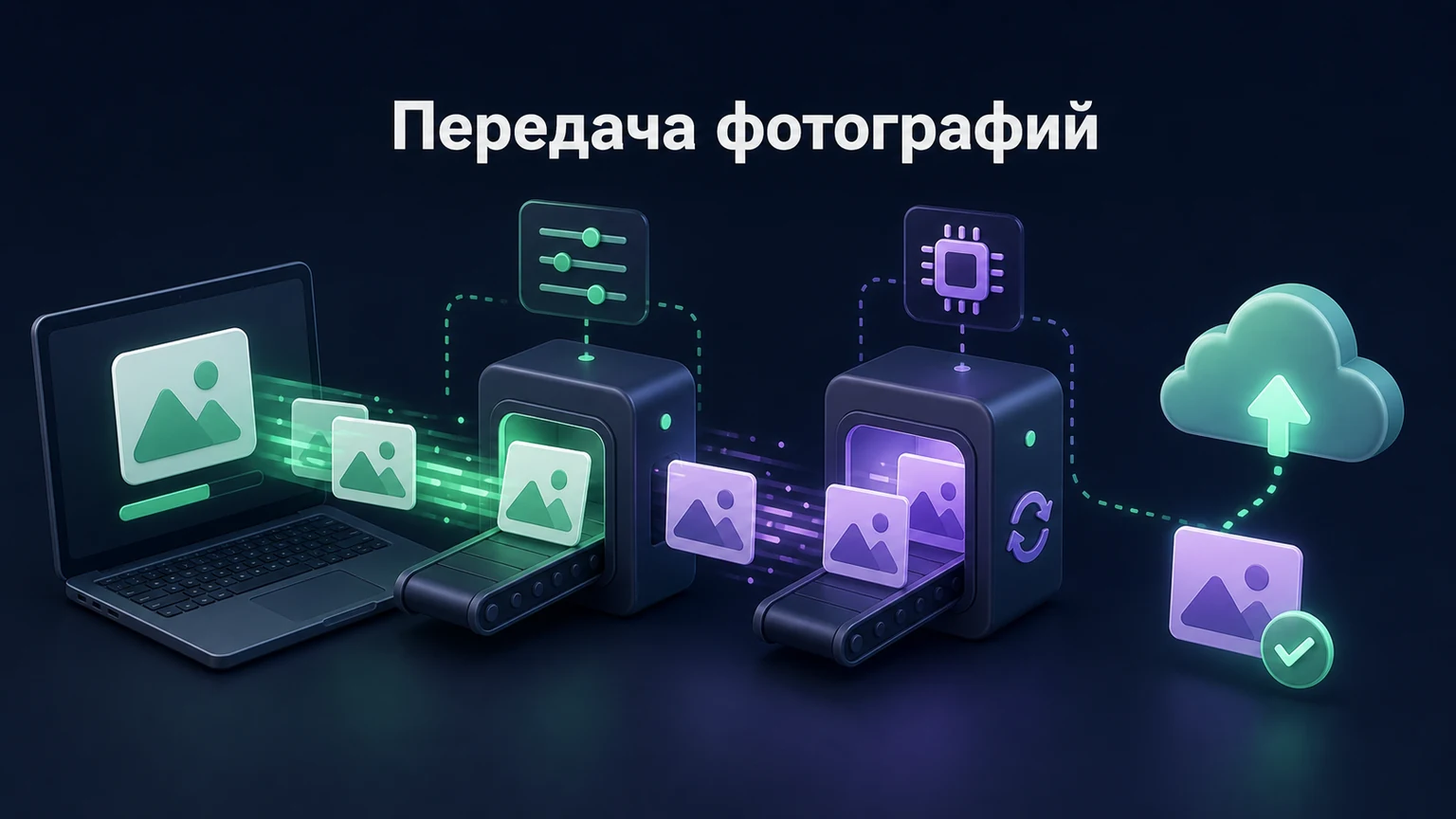 3D-инфографика: упорядоченные фотографии проходят подготовку и атомарную замену.