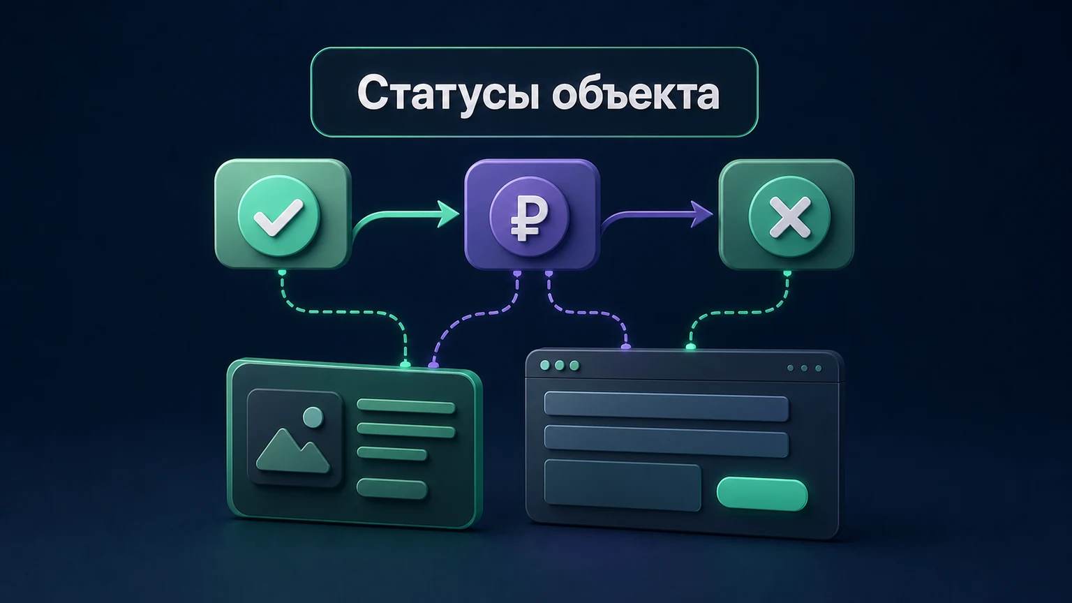3D-инфографика: доступен, под авансом и снят управляют карточкой и формой.