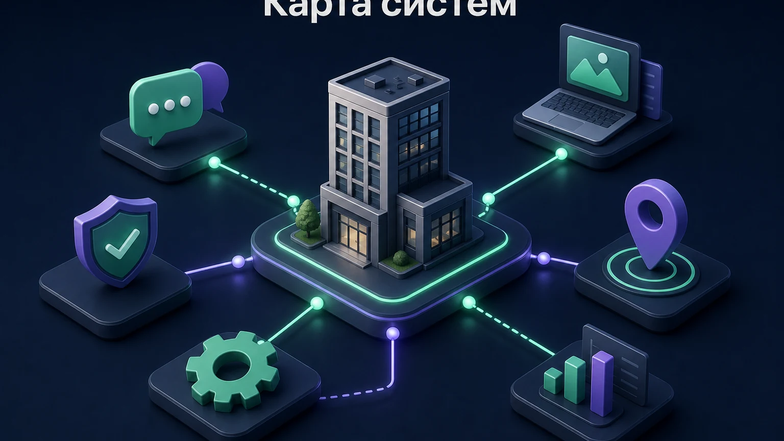 3D-инфографика: CRM, база, сайт и площадки расположены вокруг одного объекта.